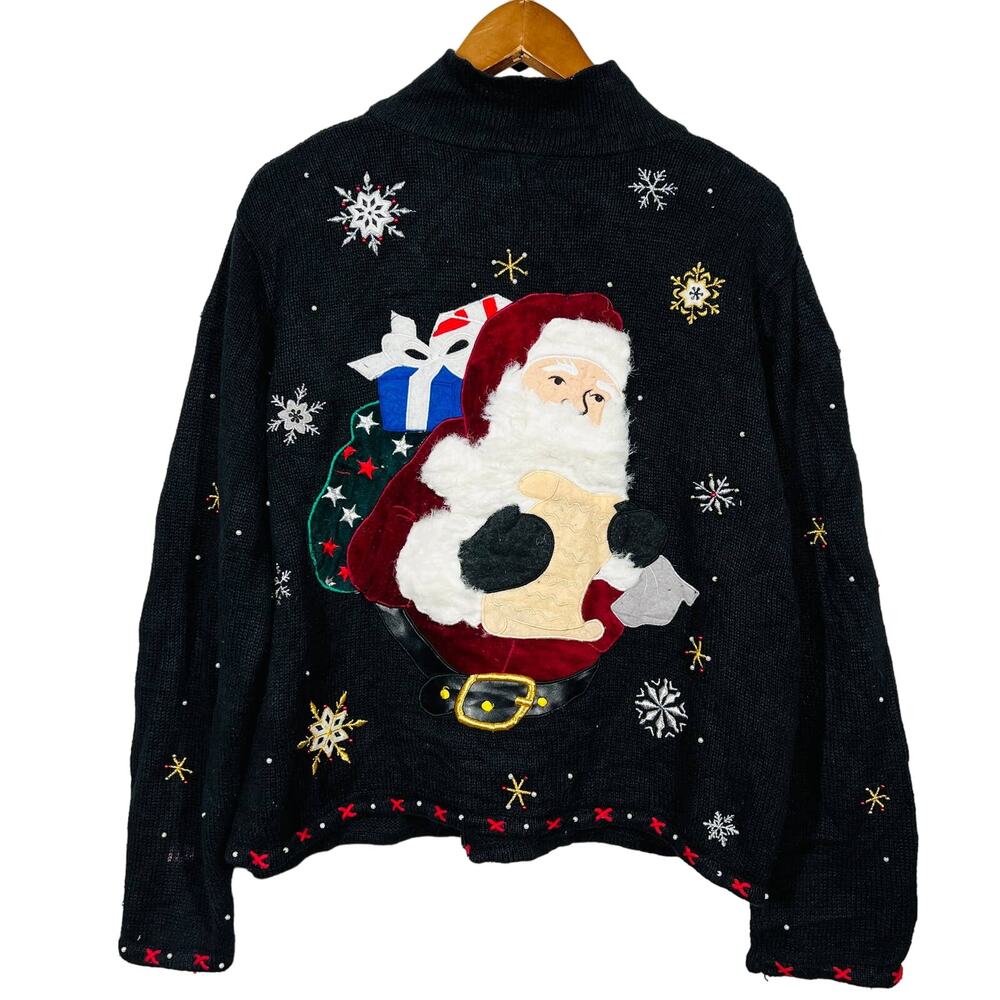 Vintage Christmas Sweater Designers Orig Full Zip Cardigan Black Silver - L